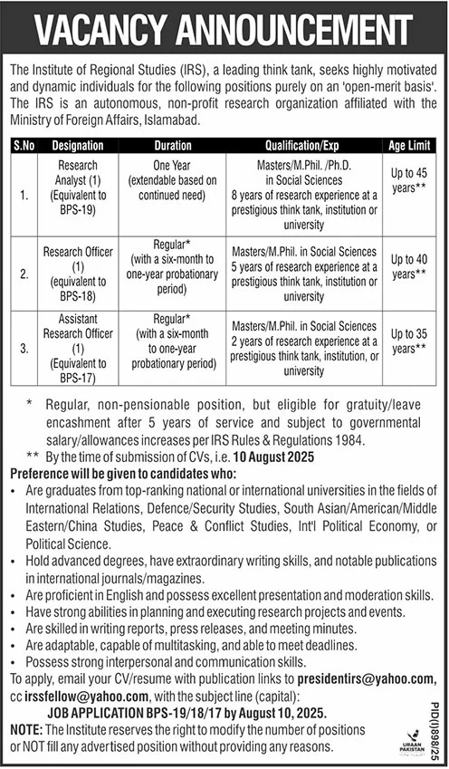 Jobs in The Institute of Regional Studies Islamabad